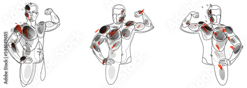 Athletic man torso vector linear illustrations set, male beauty with perfect muscular fit body posing, artistic drawings of fitness model.