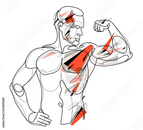 Linear drawing of a perfect body fit model man posing vector illustration isolated, muscular macho sexy guy with naked torso topless.