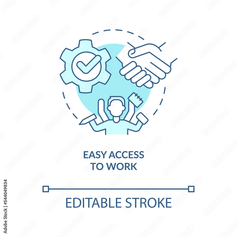 Easy access to work turquoise concept icon. Employment. Advantage of formal education abstract idea thin line illustration. Isolated outline drawing. Editable stroke. Arial, Myriad Pro-Bold fonts used Easy access to work turquoise concept icon. Employment. Advantage of formal education abstract idea thin line illustration. Isolated outline drawing. Editable stroke. Arial, Myriad Pro-Bold fonts used