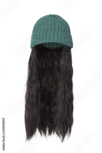 Close-up shot of a wig hat with long black curly hair. The green beanie hat with black curly hair is isolated on a white background. Front view.