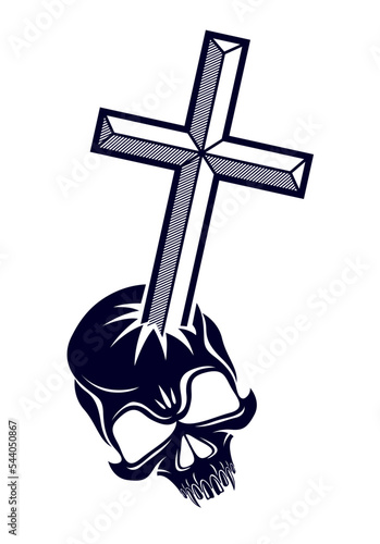 Christian cross kills dead head skull of Satan, Devil and God fight, good and evil struggles, good always defeats evil.