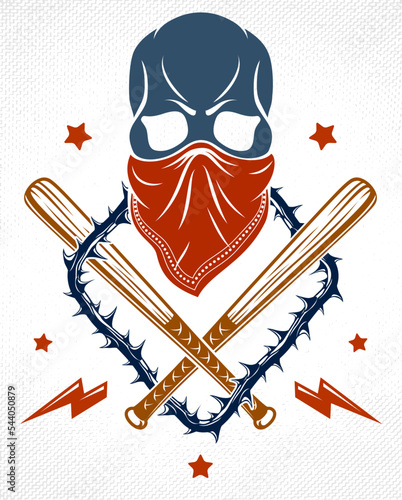 Criminal tattoo ,gang emblem or logo with aggressive skull baseball bats and other weapons and design elements, vector, bandit ghetto vintage style, gangster anarchy or mafia theme.