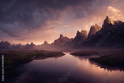 Breathtaking nature mountain landscape  3d illustration