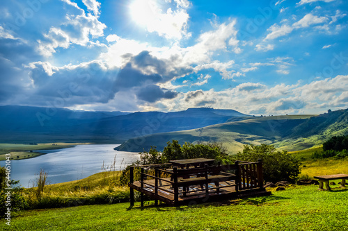 Drakensberg mountain escarpment and bell park dam around Cathkin park in Kwazulu natal South Africa photo