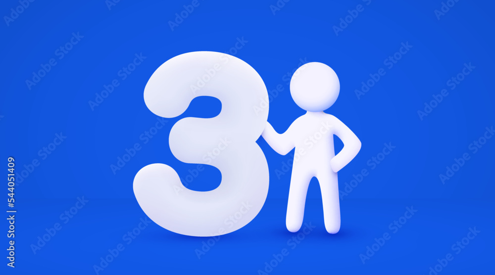 3d white cartoon man holding big number 3. Number Three. Isolated blue background. 3d white cartoon man holding big number 3. Number Three. Isolated blue background.