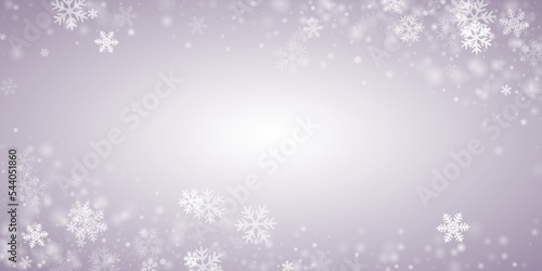 Abstract heavy snow flakes background. Wintertime fleck crystallic shapes. Snowfall weather white gray pattern. Blurred snowflakes december texture. Snow nature landscape.
