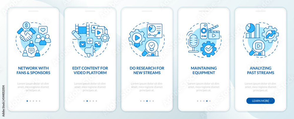 Professional online streaming blue onboarding mobile app screen. Walkthrough 5 steps editable graphic instructions with linear concepts. UI, UX, GUI template. Myriad Pro-Bold, Regular fonts used