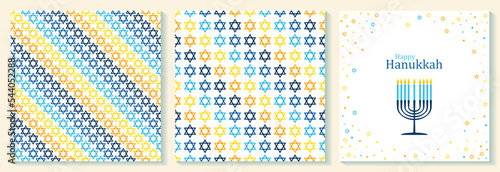 Happy Hanukkah card with nine-branched candelabrum Hanukkah menorah and Star of David Jewish symbol.