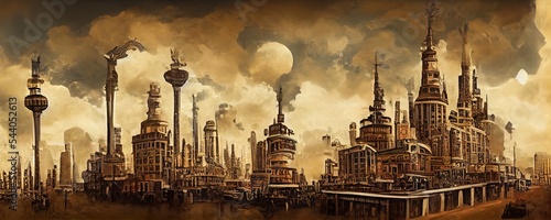 Sci Fi steampunk futuristic cityscape illustration with a dramatic sky. Scene with futuristic skyscrapers and steampunk elements. 3D illustration. Great as a background or for use in art projects! © W&S Stock