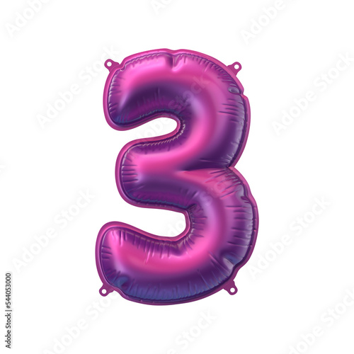 3D Render of pink purple inflatable foil balloon 3 figure. Party decoration element. Number three isolated on white background. New year celebration postcard part. Graphic element sign for web design