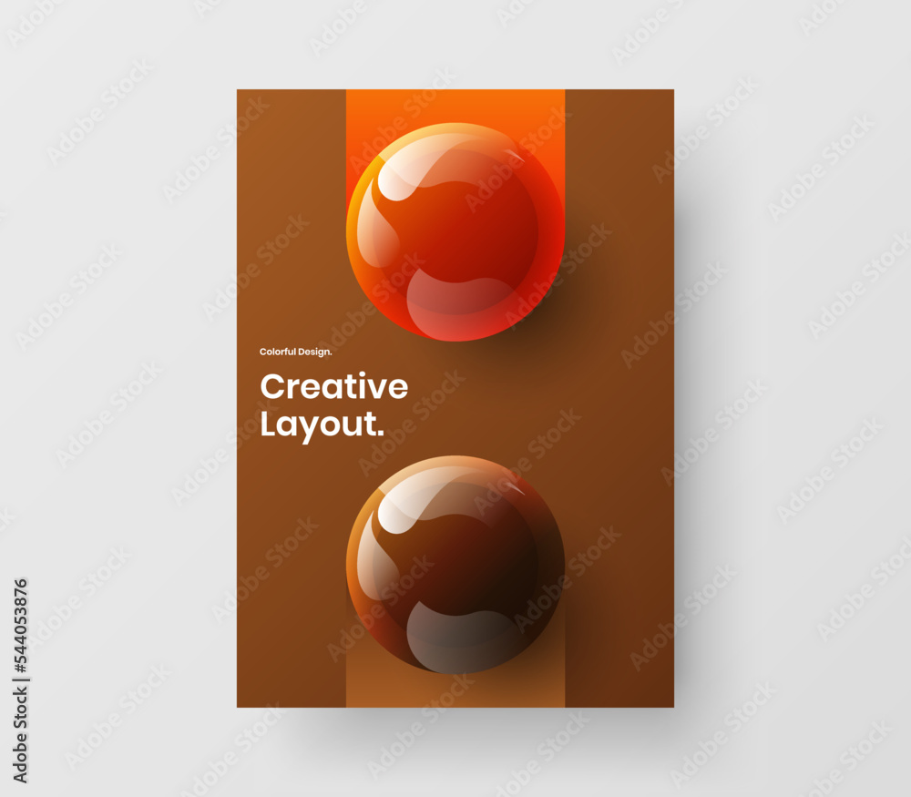Trendy 3D spheres journal cover template. Isolated handbill A4 vector design concept.