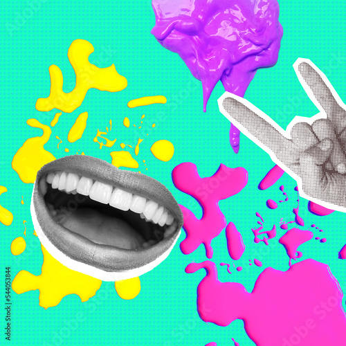 Contemporary digital collage art. Positive emotions, psychology concept