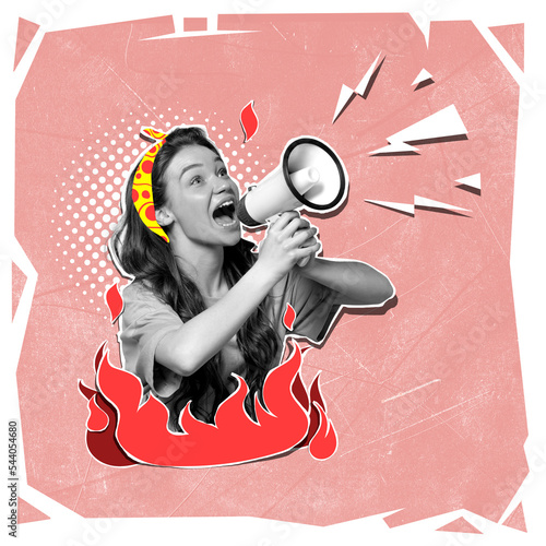 Contemporary art collage. Young stylish girl shouting in megaphone ovr burning flame. photo