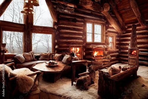 Fototapeta Wooden cabin hotel resort in mountain house interior design illustration