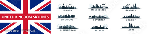 UK Cities Collection, skylines set in vector sihouettes, english destinations like London, Leeds, Coventry, Birmingham, Liverpool, , Belfast, Cardiff, Glasgow	 photo