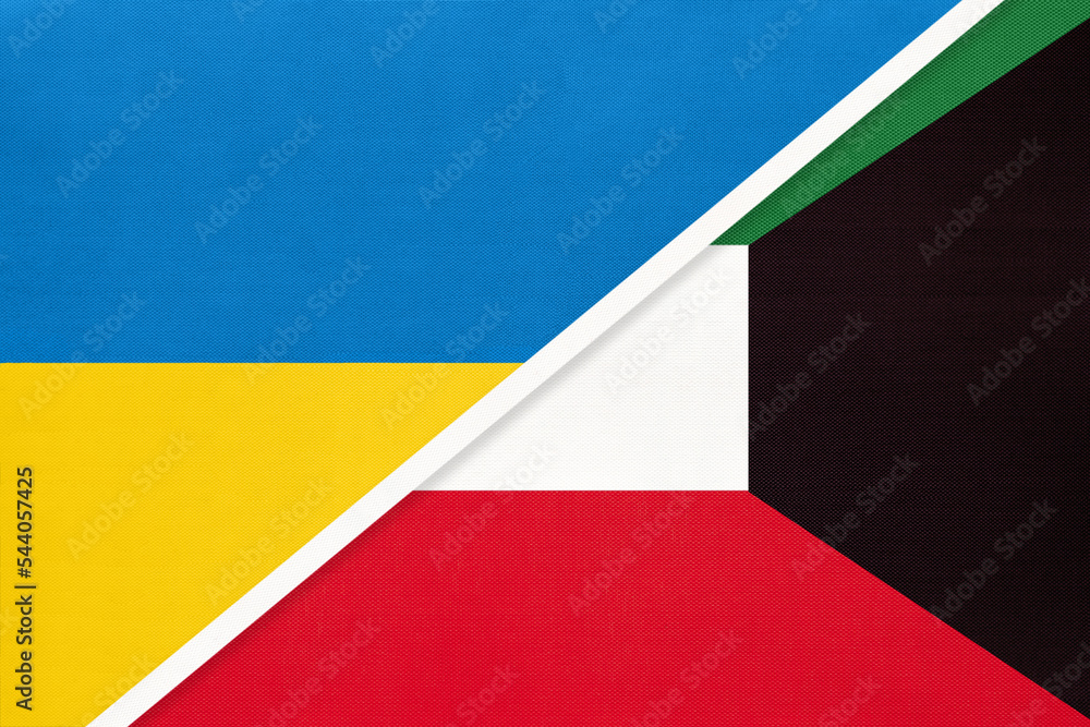 Ukraine and Kuwait, symbol of country. Ukrainian vs Kuwaiti national flags. Ukraine and Kuwait, symbol of country. Ukrainian vs Kuwaiti national flags.