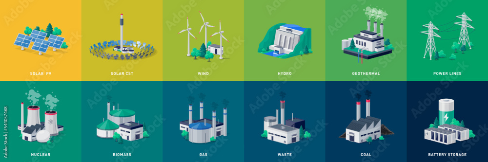 Electricity generation source types. Energy mix solar, water, fossil, wind, nuclear, coal, gas, biomass, geothermal and battery storage. Natural renewable pollution power line plant station resources. - obrazy, fototapety, plakaty 