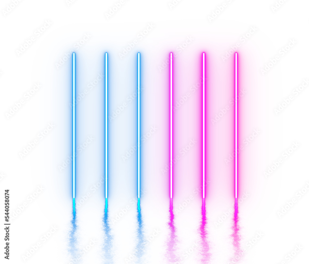 Neon light lines on png transparent background with reflection on
