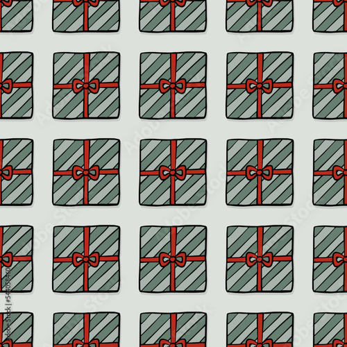 Obraz na płótnie Christmas Season Winter Holiday Doodle linear colorful vector seasonal seamless pattern with gifts in boxes on light background w salonie