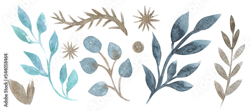 Watercolor arrangement with blue  green  turquoise  branches  leaves  gold dust graphic elements.