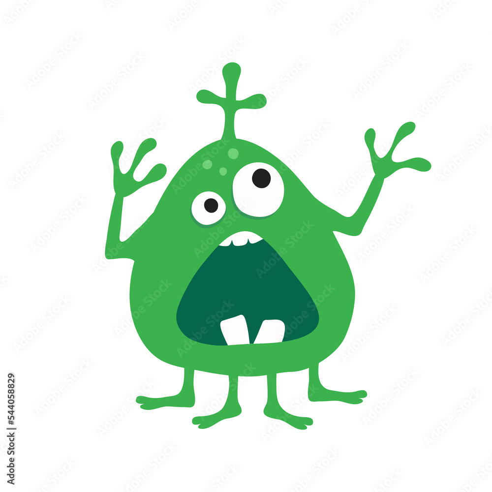 Green cartoon monster with scary facial expression over white background. Halloween character with big eyes, open mouth and four legs. Bizarre made up alien. Fantasy concept. Green cartoon monster with scary facial expression over white background. Halloween character with big eyes, open mouth and four legs. Bizarre made up alien. Fantasy concept.