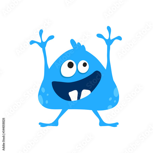 Funny blue monster with two teeth holding hands overwear against white background. Vector illustration of cartoon personage. Fantasy handmade drawing. Modern children fairytale. photo