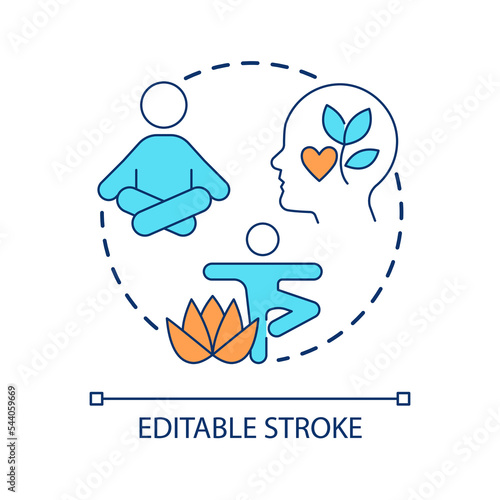 Yoga practice concept icon. Care of yourself. Meditation activities. Mental health. Improve wellbeing abstract idea thin line illustration. Isolated outline drawing. Editable stroke. Arial font used