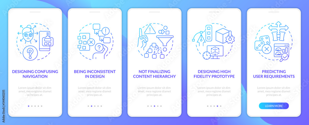 Bad user experience design blue gradient onboarding mobile app screen. Walkthrough 5 steps graphic instructions with linear concepts. UI, UX, GUI template. Myriad Pro-Bold, Regular fonts used