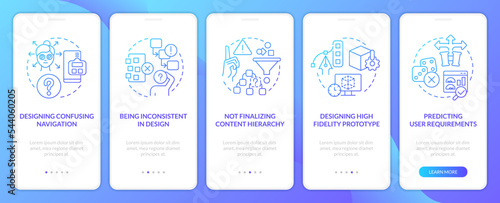 Bad user experience design blue gradient onboarding mobile app screen. Walkthrough 5 steps graphic instructions with linear concepts. UI  UX  GUI template. Myriad Pro-Bold  Regular fonts used