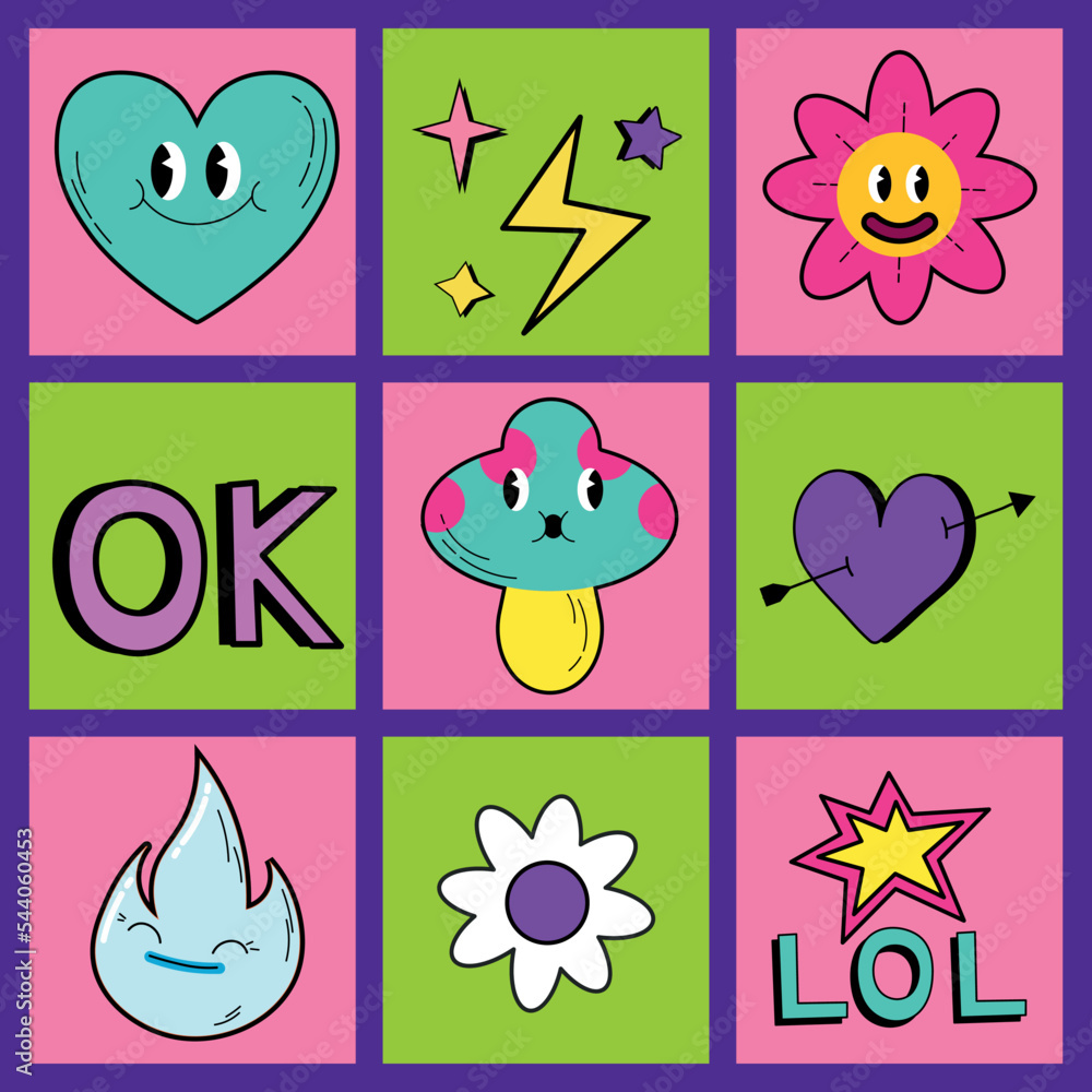 Cartoon psychedelic shapes. Abstract comic characters and shapes with vintage clip art faces. Vector square banners set. Figures with different emotions, bad weather, shouting mouth EPS Cartoon psychedelic shapes. Abstract comic characters and shapes with vintage clip art faces. Vector square banners set. Figures with different emotions, bad weather, shouting mouth EPS