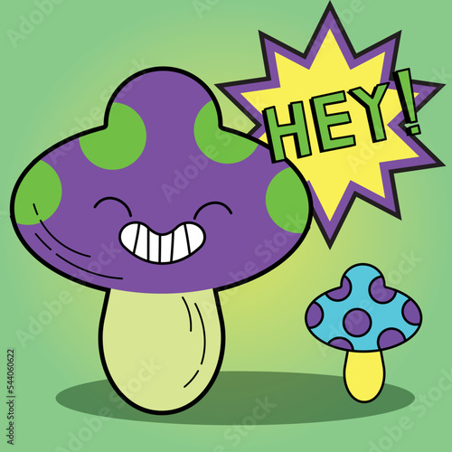 Funny cute magic psilocybin mushroom t-shirt print design. Hey quote slogan. Vector hand drawn trendy cartoon character illustration. Mushroom trippy print for t-shirt,poster,sticker concept EPS