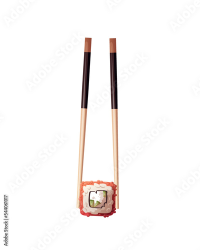Chopsticks with Sushi. Japanese food, healthy eating, cooking, menu, nutrition concept. Vector illustration. 