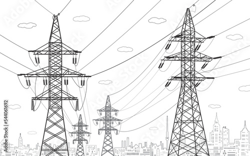 High voltage transmission systems. Electric pole. Power lines. A network of interconnected electrical. Vector design illustration