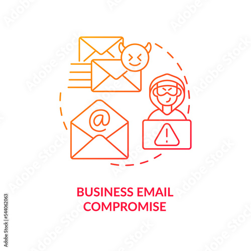 Business email compromise red gradient concept icon. Spoof account. Cyber criminals. Hacker hazard abstract idea thin line illustration. Isolated outline drawing. Myriad Pro-Bold font used