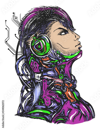 Robot man in headphones listening to music, t-shirt design. Cyberpunk art. Portrait of biomechanical soldier, people of future. Old school tattoo vector art. Hand drawn graphic. Isolated on white