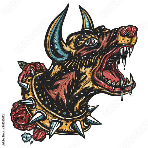 Dog. Evil doberman. Old school tattoo vector art. Cartoon animals character. Hip-hop and gangsta lifestyle. Criminal street culture elements. Ghetto underground concept. Hand drawn graphic