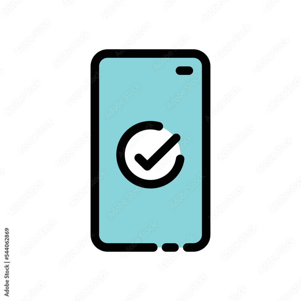 Smartphone and checkmark color line icon. Approved tick notification Smartphone and checkmark color line icon. Approved tick notification