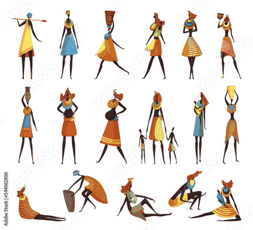 African People in Traditional Tribal Clothing with Necklace and Clay Vase Vector Set