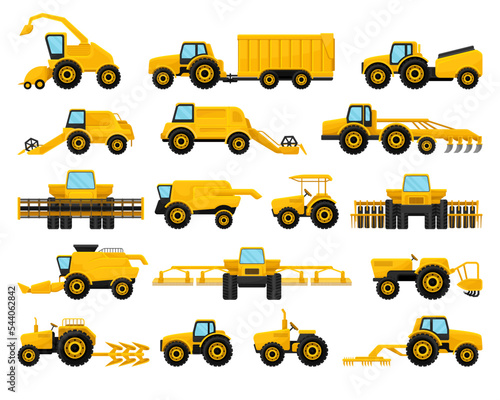 Heavy agricultural machinery set. Wheeled tractors, combine harvester, plow. Rural industrial farm transport vector illustration