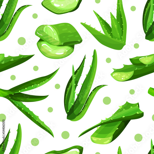 Aloe vera natural product seamless pattern. Organic eco cosmetic repeating print for backdrop, wallpaper, packaging, textile vecto