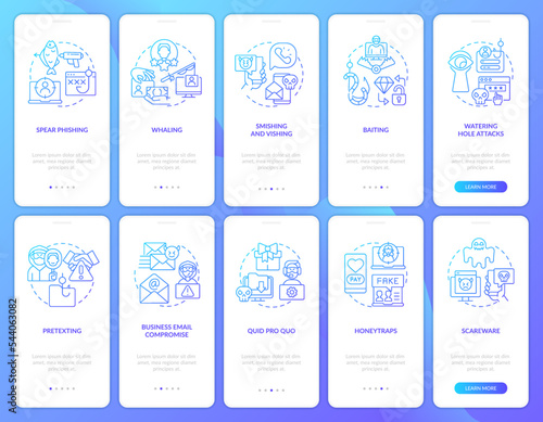 Cybercrime attacks tactics blue gradient onboarding mobile app screen set. Walkthrough 5 steps graphic instructions with linear concepts. UI, UX, GUI template. Myriad Pro-Bold, Regular fonts used