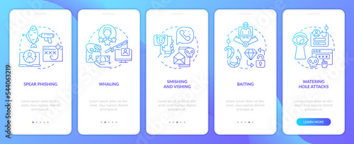 Cybercrime attacks methods blue gradient onboarding mobile app screen. Walkthrough 5 steps graphic instructions with linear concepts. UI, UX, GUI template. Myriad Pro-Bold, Regular fonts used