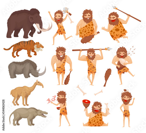 Primitive caveman characters with weapon and prehistoric animals set. Stone age warriors dressed animal skin and extinct animals cartoon vector illustration