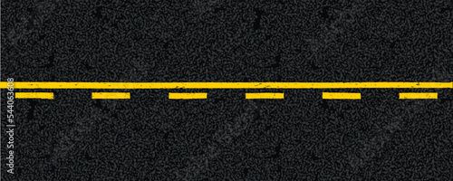 Yellow dotted and solid highway traffic marks lines on tarmac road top view. Vector illustration. Background with old paint texture on asphalt surface. Roadway seamless pattern. Straight driveway photo