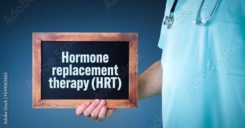 Hormone replacement therapy (HRT). Doctor shows sign/board with wooden frame. Background blue