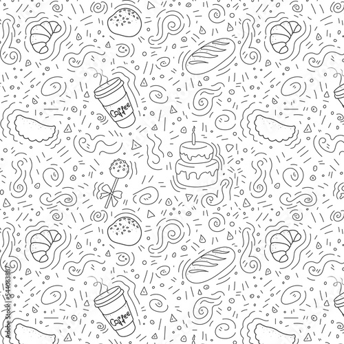 black and white doodle pattern with bread, for bakery, coffee shop