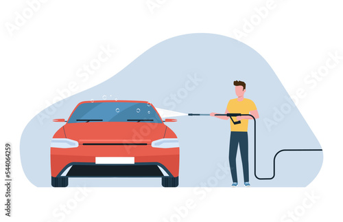 A man washes a car in a self-service car wash. Vector illustration.