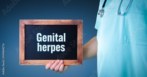 Genital herpes (herpes simplex virus). Doctor shows sign/board with wooden frame. Background blue photo
