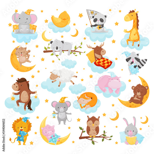 Funny Animals Sleeping on Soft Fluffy Cloud and Crescent Having Bedtime Vector Set