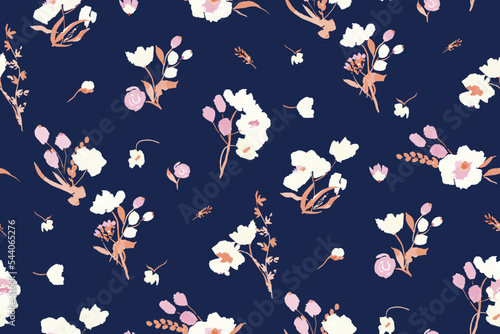 Night feminine seamless pattern with hand drawn paint wildflowers on dark background
